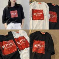 ? New2023 ? เสื้อยืดอกสกรีนลาย NETFLIX 2 สี คอกลมแขนสั้น