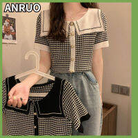 Anruo ผ้าถักคอปกสีตัดกันผ้าไหมไอซ์ซิลค์สำหรับผู้หญิง,เสื้อตุ๊กตาต่างประเทศคอปกแบบเรียบง่ายเสื้อยืดบางเวอร์ชันเกาหลีฤดูร้อน