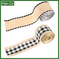 [Han-Co] ริบบิ้นผ้าลินินงานฝีมือ5.6M สำหรับตกแต่งโบว์ด้วยขอบลายตารางหมากรุกผ้ากระสอบคริสต์มาสสีดำและสีขาว