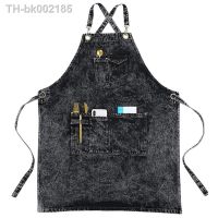 ✜❒ Customized Logo Washed Thick Denim Apron working for Women Men cleaning gardener Barista Hairstylist pinafore