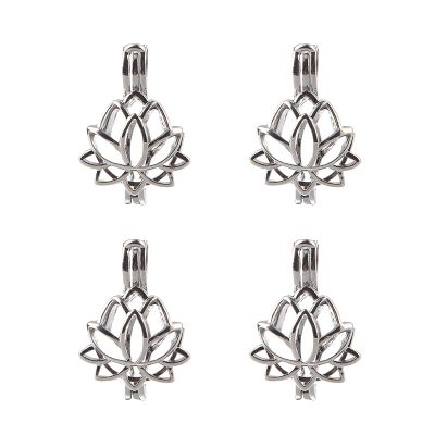 5pcs Silver color Lotus Flower Pearl Beads Cage Charms Locket Essential Oil Diffuser Jewelry Wholesale Copper OM OHM AUM Pendant