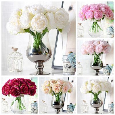 จำลอง DIY 5หัวดอกโบตั๋นช่อดอกไม้ประดิษฐ์ผ้าไหมดอกไม้งานแต่งงานตกแต่งบ้าน