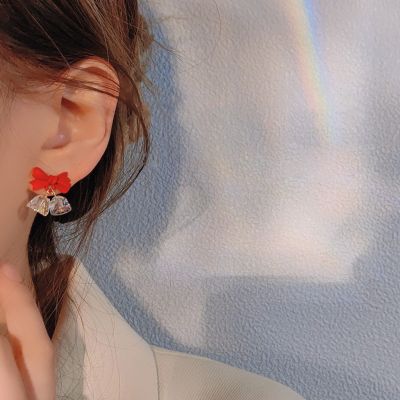 [COD] 2022 new and Korean red bow bell silver needle earrings simple cute girly heart ear