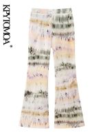 KPYTOMOA Women Fashion Tie-dye Print Flare Pants Vintage High Waist Side Zipper Female Trousers Mujer