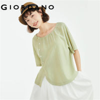 GIORDANO Women Shirts Asymmetrical Hem Slant Placket Chiffon Shirts Short Sleeve Crewneck Relaxed Fashion Casaul Shirts 18343604