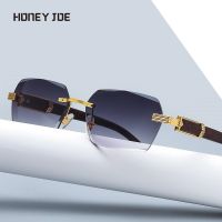 Vintage Rimless Metal Wood Grain Leg Sunglasses Men Women Sun glasses Irregular Square Outdoor Shopping Party Eyewear UV400