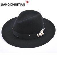 2017 Brand Womens Pearls Fedora Black Truly 100%Wool Hat For Noble Woolen Wide Brim Jazz Church Cap Vintage Panama Sun Top Hat