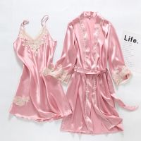 Nightshirt Set 2PC Silk Robe Sleep Suit Womens Lace Satin Pajamas Gown Set V-Neck Nighties Wear Pijama Home Nightwear Nightdress