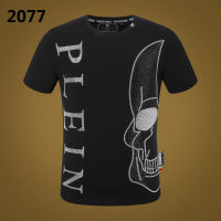 คุณภาพสูงผู้ชาย Philipp Plein เสื้อคอตตอนแขนสั้นผ้าคอตตอนพิมพ์ลายพิมพ์หัวกะโหลกลายกระดูกเพชรเสื้อยืด PP สุดเท่