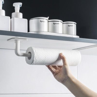 【YF】 Kitchen Self-adhesive Accessories Under Cabinet Paper Roll Rack Towel Holder Tissue Hanger Storage