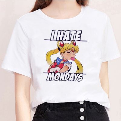 ข้อเสนอพิเศษ ขายSailor Moon Print I Hate Mondays Japanese Cal T-shirt Short Sleeve Womens Shirts Harajuku Shirt（S-5XL）S-5XL