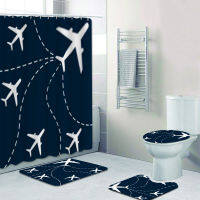 R Airport Airplane Pattern Shower Curtain Set Aviation Aircraft Art Bathroom Curtain and Rug for Toilet Mat Bathtub 180x200