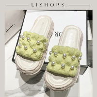 Lishops ?รองเท้าแตะแฟชั่น แบบสวมติดไข่มุก? พื้นหนา สวมใส่สบาย แมทช์ทุกการแต่งตัว แต่งตัวง่าย ?