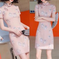 Cherdeery Pink floral printed qipao ✨ กี่เพ้าสีชมพูอ่อน พิมพ์ลายดอกไม้