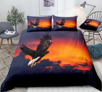 3D Black Eagle ผ้าปูที่นอน Flying Birds ผ้านวมชุด Flying Eagle สีส้ม Sunset Design Wild Life Eagle ชุดเตียง Dropship