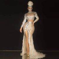 hot【DT】 Flashing Sequin Stone Mesh Fringe Dresses for Birthday Prom Outfit Concert Dancer Show Wear