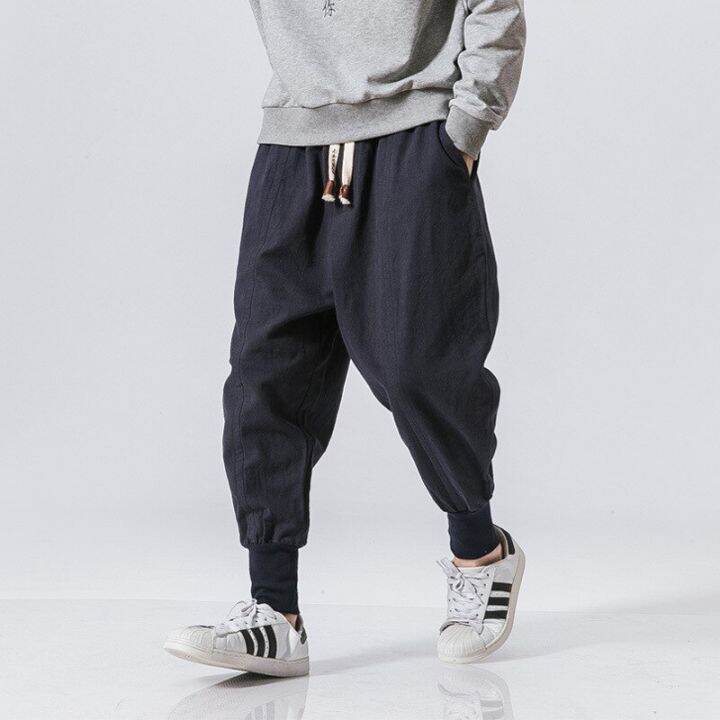 running-cotton-linen-harem-pants-men-solid-elastic-waist-streetwear-joggers-2022-new-baggy-drop-crotch-pants-casual-trousers-men