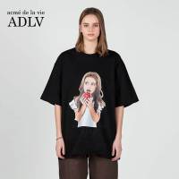 ADLV เสื้อยืดแขนสั้นของเด็กผู้หญิง Apple สีดำหลวมเสื้อแขนสั้นชนิดไม่จำกัดเพศผ้าฝ้าย