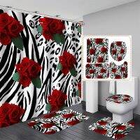 Red Rose Flowers Bathroom Shower Curtain Set Waterproof Polyester Washable Non-Slip Bath Mat Rugs Carpet Toilet Cover Decor