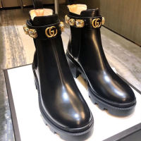 Autumn and winter 2022 new GUCCIˉ Rhinestone chain thick bottom Velcro plush short boots thick heels high heels Martin boots