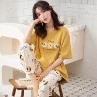 【JH】Hawaiian style short sleeve casual tracksuit summer cotton women pajamas set big yards M-5XL pijamas mujer long pants pyjamas4XL