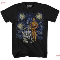 เสื้อยืดคุณภาพดี pokt เสื้อยืดผู้ชายและผู้หญิง STAR WARS C-3PO R2-D2 C3PO R2D2 Funny Gogh Starry Night Droids Adult Tee Graphic T-Shirt F