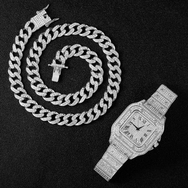 สร้อยคอ-นาฬิกา-สร้อยข้อมือสแตนเลสฮิปฮอปไมอามี่ขอบติดพลอยเทียมสไตล์คิวบาสำหรับเครื่องประดับผู้ชาย