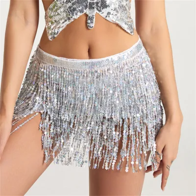 Bollywood Fusion Belly Dance Costume Rave Performance Belt Belly Dance Skirt Bohemian Belly Dance Costume Sequin Tassel Wrap Skirt