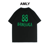 Balenciaga เสื้อยืดแขนสั้นพิมพ์ลายตัวอักษรคู่สำหรับทั้งหญิงและชายคลาสสิกคอกลม