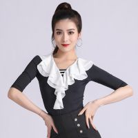 ℡○ Latin dancer tops new clothing V-neck ruffles mid-sleeves practice dance clothes modern national standard dance performances