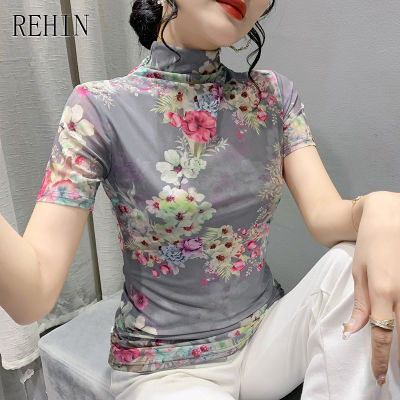 REHIN ผู้หญิงฤดูใบไม้ร่วงใหม่แฟชั่นตาข่าย Slim คอสูงดอกไม้แขนสั้นเสื้อยืด S-3XL Bottoming เสื้อ