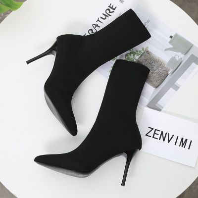 CODiy085671 Fashion Women Elastic Knitting Pointed Toe High heel Short Booties Black Beige kasut perempuan