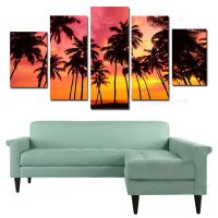 Tropical Island Palm Trees Red Sky Sunset Canvas Print Wall Art-ชุด5ชิ้นสำหรับตกแต่งบ้าน