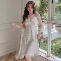 2023 new nightgown ms summer sling ice silk pajamas ins printed pure desire with breast pad