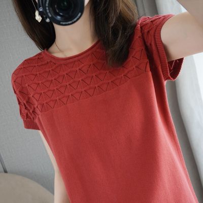 summer new style pure cotton T-shirt casual knitted sweater short-sleeved womens round neck pullover plus size top tees