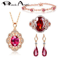 BLACK ANGEL 18k Rose Gold Openwork Ruby Gemstone Bride Jewelry Set Bracelet Drop Earrings Necklace Ring For Women Wedding Gift