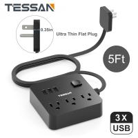 Tessan ปลั๊กไฟสายไฟต่อบางเฉียบพร้อมปลั๊ก1 In Power 6 Usb 3 Strip Ac 3 1.5M/5ft แบน