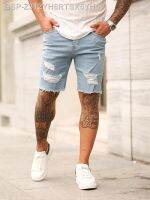 เทเลส☫☇Verão Rasgado กางเกงยีนส์ Homens Hip-Hop กางเกง Denim ขาด Luz Azul Design De Fino Reta Masculino สั้น Hombre