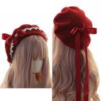 โลลิต้าสาวน่ารักกุทัณฑ์ Beret หมวกสำหรับผู้หญิง Kawaii ริบบิ้นลำลองแข็งจิตรกรหมวก U Ni ศิลปินหมวกโดมสีชมพู