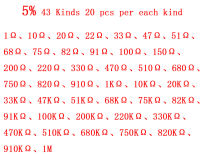 43ชนิดหรือ30ชนิด1/4W ตัวต้านทานห้าสีฟิล์มโลหะตัวต้านทานฟิล์มคาร์บอนสี่สี1% 5% แพคเกจความต้านทานที่แม่นยำ