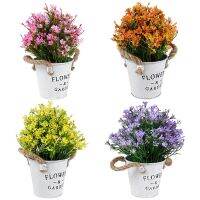 4 Pieces of Artificial Bonsai Flower with Tin Flower Bucket, Suitable for Retro Wedding Party Table Center Decoration