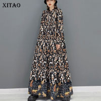 XITAO Dress Long Print Dress Loose Fashion Stand Collar Womens Dress