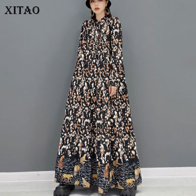XITAO Dress Long Print Dress Loose Fashion Stand Collar Womens Dress