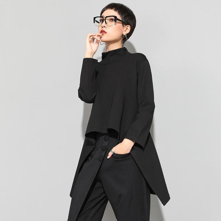 xitao-t-shirt-vintage-black-irregular-women-t-shirt-top