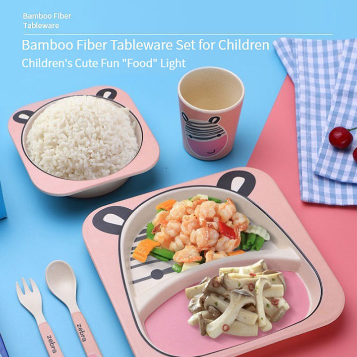hamshmoc-ช้อนจานเด็กสำหรับเด็กทารกชุดโต๊ะอาหารสำหรับเด็ก-serat-bambu-5ชิ้นช้อนส้อมถ้วยการให้อาหารแบบชามจานรับประทานอาหารลายการ์ตูนน่ารักสำหรับเด็กทารกการฝึกกินด้วยตัวเองทำความสะอาดง่าย