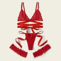 【LZ】✈✴∏  Conjunto de lingerie sexy oco para mulheres fio dental sutiã tangas roupa íntima vermelho respirável push up arnês feminino collant