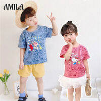 AMILA เสื้อผ้าเด็กสไตล์เกาหลี,เสื้อยืดแบบสวมหัวแขนสั้นพิมพ์ลายสีเนคไทลายการ์ตูนย้อมสีสำหรับเด็กเล็กและขนาดกลาง