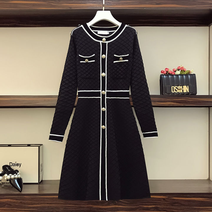 high-quality-spring-fall-korean-fashion-knitted-sweater-dress-women-slim-button-bright-shinny-vintage-party-christmas-dress-robe