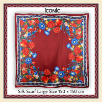 iCONiC BIG BURGUNDY SILK SCARF SIZE L #6686 ผ้าคลุมไหล่ ขนาด150x150cm ผ้าไหมซาติน พิมพ์ลาย ดอกไ้ม้ สีแดงไวน์ หรูหรา ผ้าพันคอ ผ้าไหม ผ้าพันคอผญ