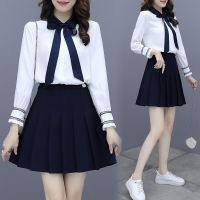 Casual Two Piece Short skirt suit For Women Lace-up chiffon blouse Button Top Pleated Skirts Outfits Fashion Party Suit